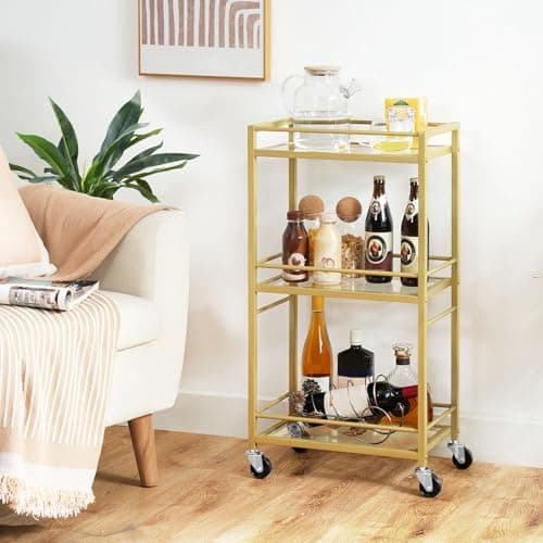 Image of MAHANCRIS 3 Tier Bar Cart for Home, Kitchen Storage Island Serving Cart on Wheels, Tempered Glass Trolley, Rolling Beverage Cart for Bar, Dining Room, Gold ARCJ40B01