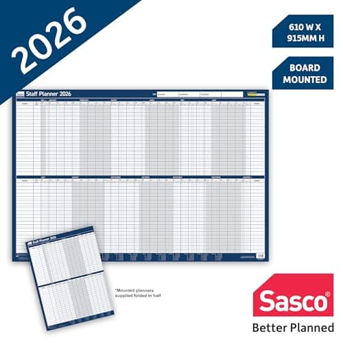 Image of Sasco 2026 Staff Year Wall Planner – Board Mounted Calendar with Wet Wipe Pen & Stickers, 91.5x61cm, Blue – Track Staff Availability – Useful for HR and Team Management