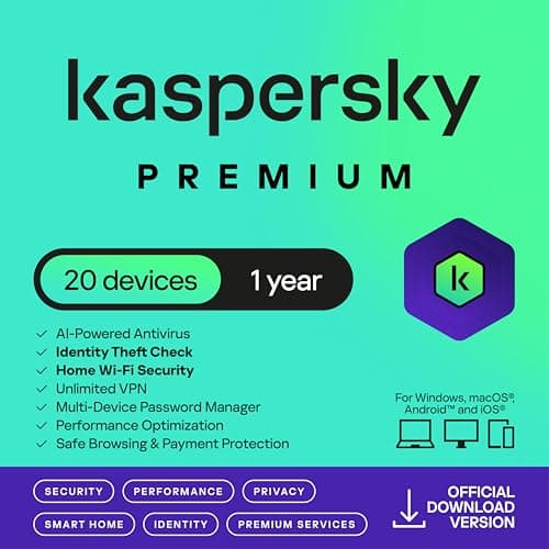 Image of Kaspersky Premium Total Security 2026 | 20 Devices | 1 Year | Anti-Phishing and Firewall | Unlimited VPN | Password Manager | Parental Controls | 24/7 Support | PC/Mac/Mobile | UK Online Code