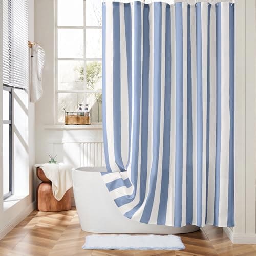 Image of Ohocut Vertical Striped Blue Shower Curtain, Cute Retro Vintage Blue Stripe Bathroom Shower Curtain, Waterproof Polyester Fabric Modern Bath Curtain for Bathroom 180x180cm