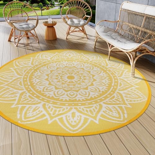 Image of Famibay Outdoor Rug Round 180CM Garden Rugs Outdoor Waterproof Plastic Straw Garden Mat Carpet UV Resistant Reversible Outside Patio Rugs for Balcony Deck Backyard Porch Beach BBQ Yellow