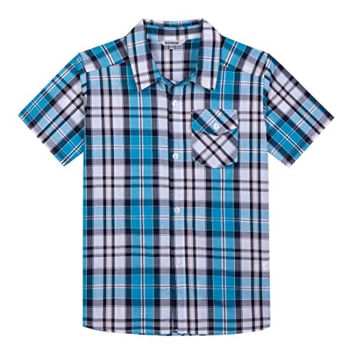 Image of Bienzoe Boys Checked Shirt for Son: Kids School Short Sleeve Button Up Cute Tops Navy/Blue Size 9/10