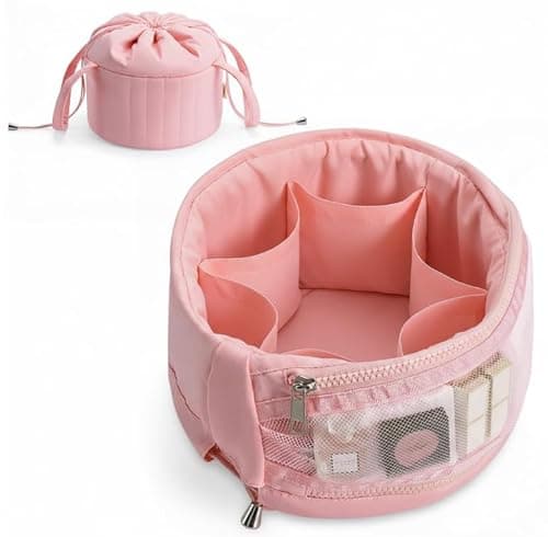 Image of Vavabox Large Makeup Bag, Travel Portable Drawstring Organizer Make up Case, Luxury Quilted Cosmetic Bag for Women Travel Essentials (Pink)