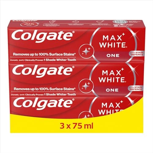 Image of Colgate Max White One Teeth Whitening Toothpaste 75ml x3, Removes Up to 100% of Surface Stains, 1 Shade Whiter Teeth, Helps Prevent Future Discolouration, Enamel Safe for Daily Use