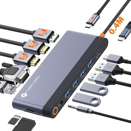 Image of USB C Docking Station Quad Display, 14-in-1 Laptop Docking Station Dual Monitor, 8K@30Hz DP, Dual 4K@60Hz HDMI, VGA, 5 USB Data Ports, 100W PD, Ethernet, SD/TF, Mic/Audio, USB C HUB, Thunderbolt Dock