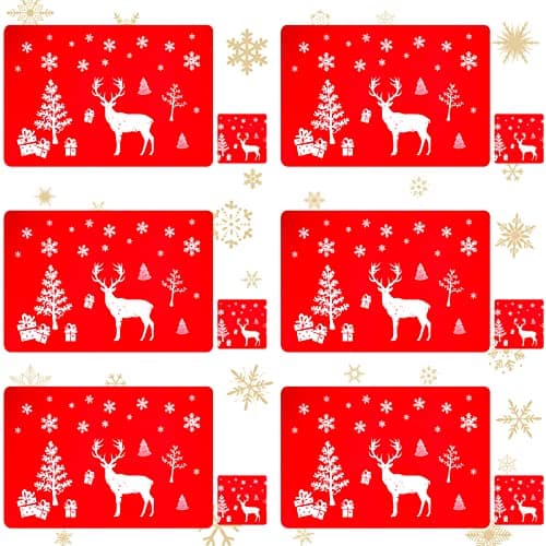 Image of Pwsap 12PCS Christmas PVC Placemats Coasters Set, Washable Heat Resistant Reindeer Xmas Heat Resistant Placemats for Dining Table Decoration