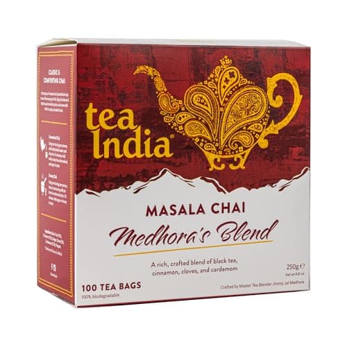 Image of Tea India Medhora's Blend Masala Chai Tea Bags (100 Chai Tea Bags Bulk) Rainforest Alliance Certified | Biodegradable | Masala Chai Spiced Chai Blend of Black Tea, Ginger Tea, Cinnamon