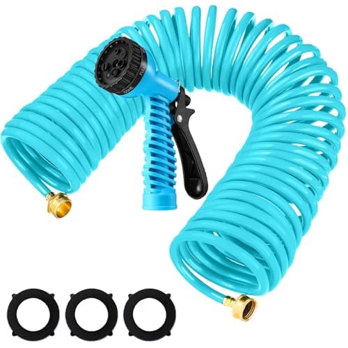 Image of Pangda 25 Ft x 3/8'' Coil Garden Hose EVA Recoil Garden Self Coiling Expanding Water Hose with 6 Function Spray Nozzle Universal 3/4'' Brass Connector Fitting for Outdoor Yard(Blue)