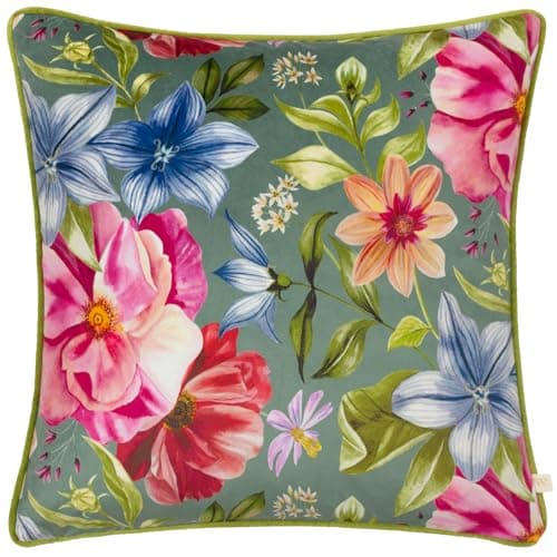 Image of furn. Wylder Nature Nectar Garden Petunia Floral Piped Feather Filled Cushion, 43 x 43cm, Teal