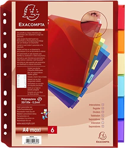 Image of Exacompta - Ref 4834E - PP Document Dividers - Suitable for Use With A4+ Documents, Made from Polypropylene, Pre-Punched & Pre-Printed - 6 Part Dividers - Multicoloured