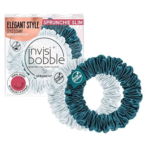 Image of Invisibobble Hair Scrunchie, Slim, Green Grey, 2x Pleated Fabric Hair Bobbles for Girls and Women, Strong Hold & Gentle on the Hair, Designed in the Heart of Munich