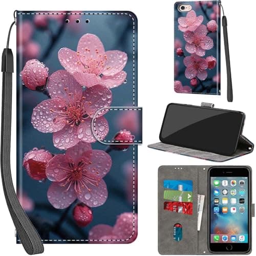 Image of PHINIENLAND For iPhone 6 / 6s Leather Wallet Case,Flip Protective Book Cover with Card Holder,Stand Wrist Strap Magnetic Flip Cover Compatible with for iPhone 6 Case -Flowers