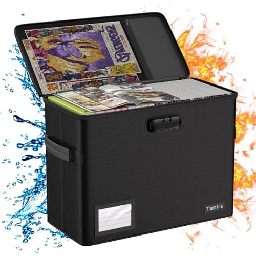 Image of Tamfile Fireproof Comic Book Storage Box with Lock, 15.6" x 7.5" x 11.4" Large Capacity Comic Books Organizer Box, Waterproof Moistureproof Collapsible Comic Short Box Holds 150-175 Comics, Black
