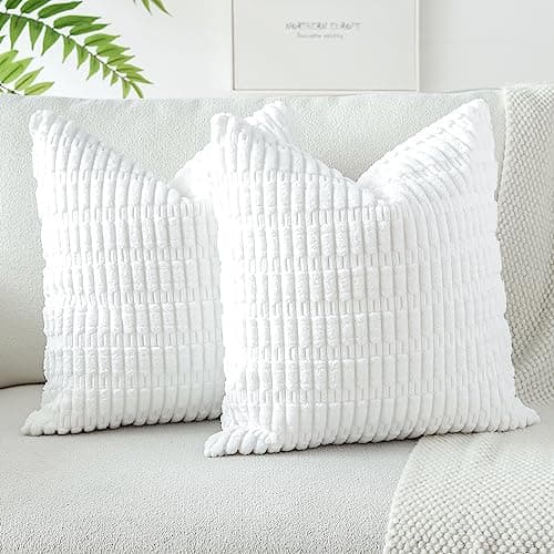 Image of JOTOM Corduroy Soft Striped Boho Decorative Throw Pillow Covers 50x50 cm Cushion Covers 20x20 Inch Cushion Case Square Pillowcases for Couch Sofa Living Room Bed Home Decor Set of 2 (White)