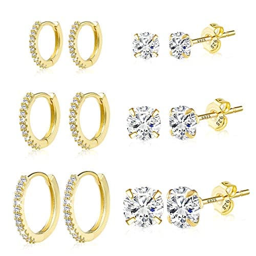 Image of ALEXCRAFT Gold Earrings Set, 6 Pairs 14K Real Goldplated Hoop Earrings Set for Women, Shiny AAA+ Diamond Zirconia Hoops Mini Ball Studs Small Gold Eairrngs, Hypoallergenic Cartilage Huggie Earrings