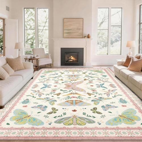 Image of SOANNY Butterfly Rug Living Room, Soft Low Pile Washable Non Slip Area Carpet for Bedroom Kitchen Entryway Beside Sofa Office Dorm, Modern Stain Resistant Mat Floor Decor, 160x220 cm, Beige Pink