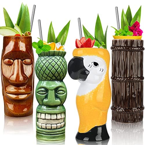 Image of Tiki Glasses Mugs for Cocktails Large Set of 4 Ceramic Tropical Cups Hawaiian Party Creative Cocktail Tropical Exotic Cute Barware 4 Packs