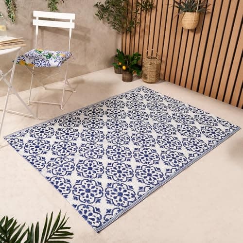 Image of OHS Outdoor Rug Tile Print, Garden Mat Water Resistant Foldable Non Slip Garden Rug Reversible Decking Tiles Outdoor Carpet Patio Rugs for Poolside Porch Picnic Camping, Blue - 120 x 170cm