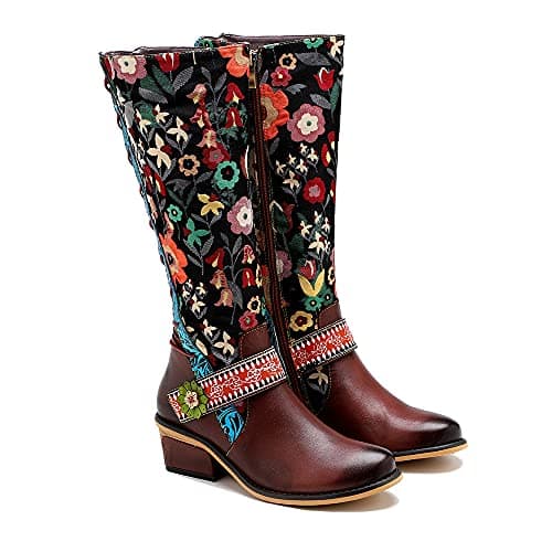 Image of CrazycatZ Womens Leather Long Boots Splicing Pattern Tall BootsKnee High Colorful Boots (Floral, 6)