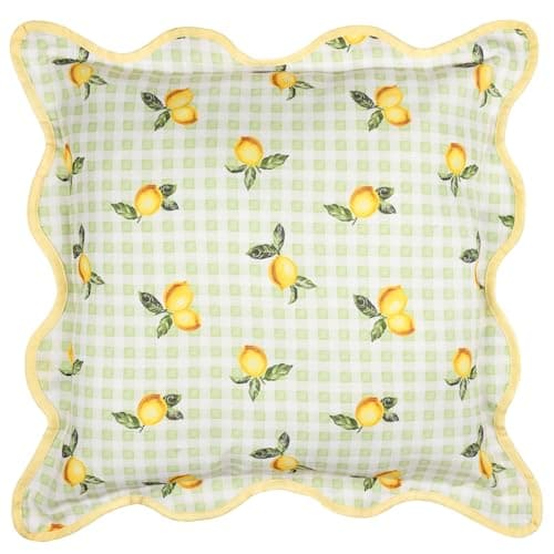 Image of furn. Fruits Lemons Polyester Filled Cushion – Water Resistant Gingham Lemon Fruit Outdoor Wiggle Piped Edge Decorative Pillow (Sage - 45x45cm)