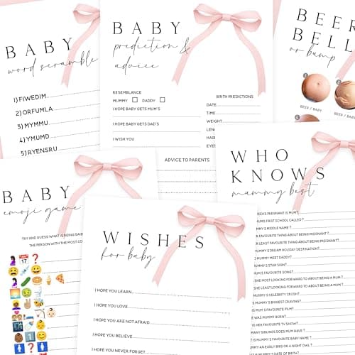 Image of The Little Party Company Baby Shower Games Bundle, Pink Bow Theme, 6 Double-Sided A5 Cards for 10 Players, Includes Prediction, Word Scramble, Emoji Game, Who Knows Mummy Best