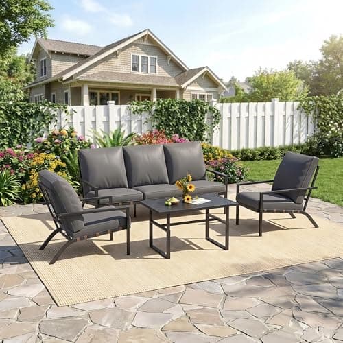 Image of U-MAX 5 Seater Outdoor Garden Furniture Set, 3-Seater Sofa & 2 Armchairs with Coffee Table, Weather Resistant Patio Lounge Set for Garden, Patio, Balcony & Poolside, Dark Grey
