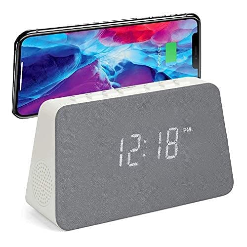 Image of Grouptronics GTQ-RENEW Wireless Charging Alarm Clock Radio - Dimmable Display, USB Charging, FM Radio, Dual Alarms, No Tick Alarm Clock Bedside - White with Grey Cloth screen
