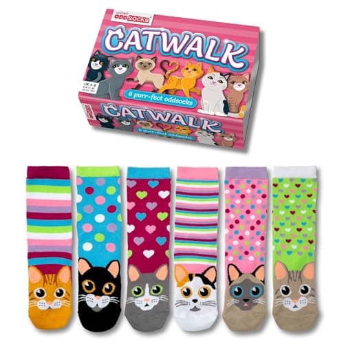 Image of United Oddsocks Catwalk Gift Box, 6 Purr-fect Oddsocks for Women – UK 4–8, EUR 37–42, US 6.5–10.5 – Fun & Colourful Cat Socks, Quirky Gift Idea for Cat Lovers for Birthdays, Christmas, or Any Occasion