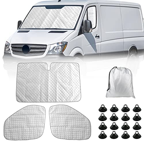 Image of 3 Pieces Thermal Mat Replacement for Mercedes Sprinter 2006-2018, Sun Protection Windscreen Cover, Multi-layer Aluminum Foil, Waterproof, Foldable Sun Visor Set