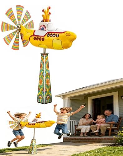 Image of Yellow Submarine Wind Spinner, Rotating Submarines Yard Spinners with Spin Blades, Submarine Wind Spinner Outdoor Garden Decor, Heavy Duty Metal Kinetic Windmill, UV-Resistant Non-Fading (A)