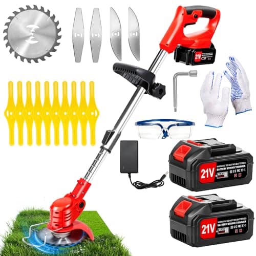 Image of Cordless Strimmer, Telescopic Lightweight Grass Trimmer with 2 X 21V Lithium Battery, Metal Blade Strimmer with 3 Types of Blades, 90° Head Rotation, Retractable, Suitable for Garden Lawn