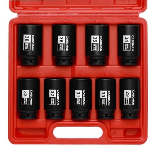 Image of CASOMAN 1/2-Inch Drive Deep Spindle Axle Nut Impact Socket Set, 6-Point, CR-MO, Metric, 29mm-38mm, 9 Pieces 1/2" Dr. Deep Impact Socket Set