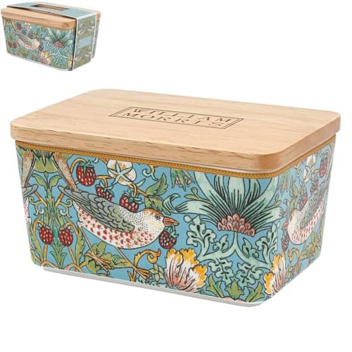 Image of The Leonardo Collection Wm. Morris Strawberry Thief Teal Stoneware Strawberry Thief Butter Dish for Kitchen | Dishwasher Safe Butter Dish for Keep Butter Fresh | BPA-Free Butterdish
