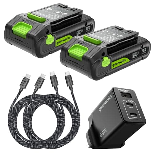 Image of Greenworks 2 Pack 24V 2Ah High Power USB-C Battery & 65W USB-C Charger & 100W cable, Li-Ion Battery Suitable for all 200+ Greenworks 24V devices, 2-year warranty - K2D4DEA
