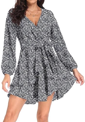 Image of PCEAIIH Women's Cocktail Dresses Long Sleeve Empire Skater Dress Deep V-Neck Waist Tie Ruffle Mini Swing Dresses L Floral Black
