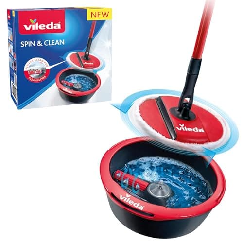 Image of Vileda Spin & Clean System Mop and Bucket Set with 360° Spinning Mop for Cleaning Floors | Foldable Head to Clean Skirting Boards | Rotating Head for Hard to Reach Areas | Easy to Empty Spout
