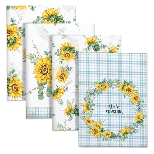 Image of Arquiel Sunflower Kitchen Towel 100% Cotton Quick Dry Dish Towels 48 x 70CM, Dishcloth Hand Towels for Housewarming Gifts Dining, Home, Wedding, Banquet, Buffet (Set of 4)