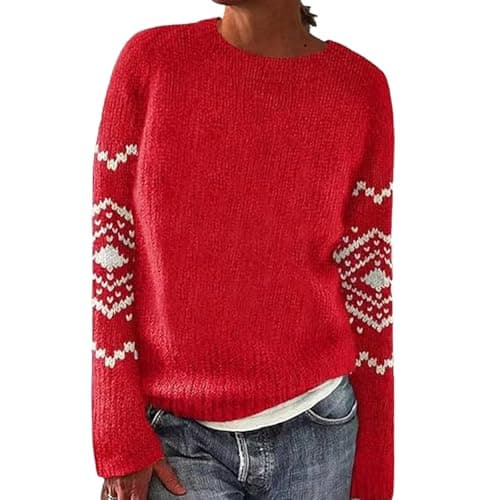 Image of Oversized Sweaters for Women Fair Isle Sweater Women Fall Crew Neck Knit Pullover Sweater Oversized Casual Winter Long Sleeve Vintage Striped Color Block Jumper Tops Ugly Christmas
