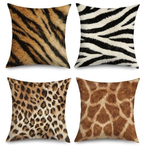 Image of Joymaison Animal Print Cushion Covers 45 x 45 Pack of 4 Zebra Leopard Abstract Fur Patterns Square Throw Pillow Case Decorative Sofa Cushion with Invisible Zipper