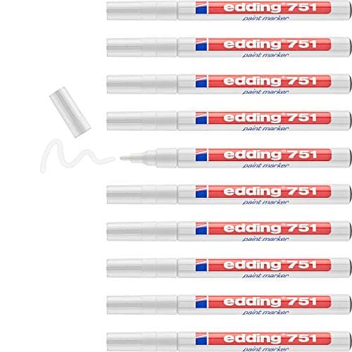 Image of edding 751 paint marker - white - 10 pens - round tip 1-2 mm - paint marker for marking and labelling metal, glass, rocks or plastic - heat-resistant, permanent, smudge-proof and waterproof
