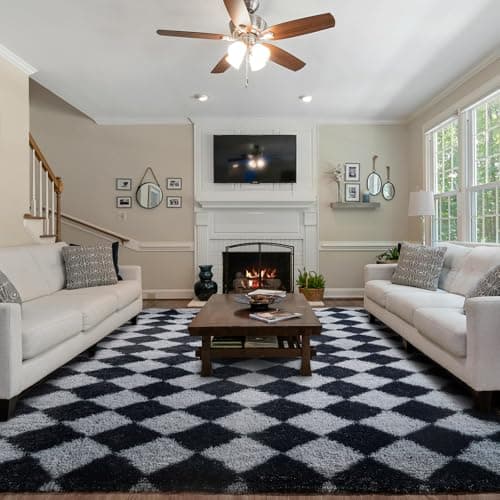 Image of FVVRAX Checkered Fluffy Rug for Living Room 200x300cm, Black and Grey Extra Large Rugs for Living Room, High Pile Non-Slip Modern Geometric Floor Carpet for Bedroom, Low Shedding