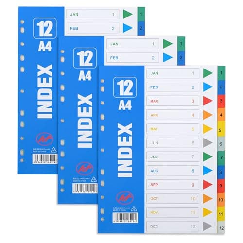 Image of File Dividers A4, 12 Part Folder Dividers - 3 Pack of Pre-Punched Multi-Coloured A4 Index Dividers for Lever Arch Files, Ring Binders & Organisers | Office, School & Home Use