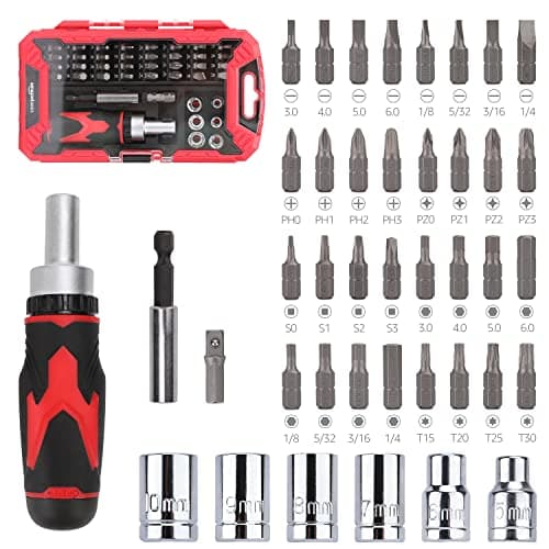 Image of Amazon Basics 41 count (Pack of 1) Magnetic Ratchet Screwdriver Set, Black, Red, Silver