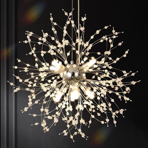 Image of KUNYEEE Modern Firework Chandeliers Dandelion Pendant Light, Chrome Silver 8 Lights G9 Light Fixtures, Crystals Chandelier Lighting Fixture for Living Room, Bedroom, Dining, Foyer, Hallway, Φ45 cm
