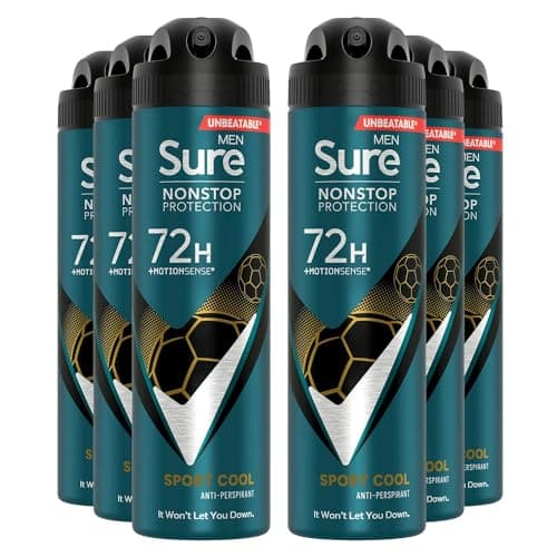 Image of Sure Antiperspirant 72H Nonstop Sweat and Odour Protection Alcohol-Free Body Spray Anti-White Marks with Fresh and Sporty Scent Multi Fragrance Deodorant for Men, 150ml Pack of 6 (Sport Cool)