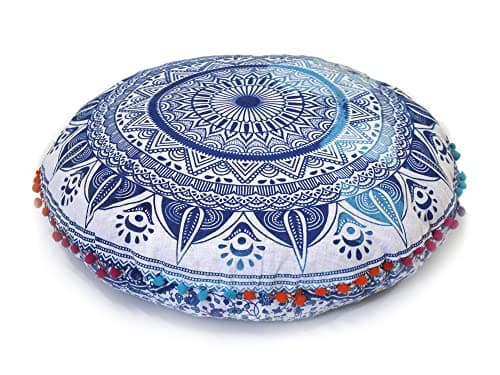 Image of Round Mandala Floor Pillow Cover Seating Cushion Throw Cover Hippie Decorative Bohemian Ottoman Pouf Cover, Pom Pom Pillow Cases,Boho Indian 22 Inches (White and Blue)