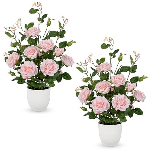 Image of Briful 2-Pack 2Ft Artificial Roses in Pot - Silk Rose Pink Artificial Flowers for Decoration, 60 CM Tall Fake Plants in White Pot for Living Room, Porch, Office & Hotel Decor