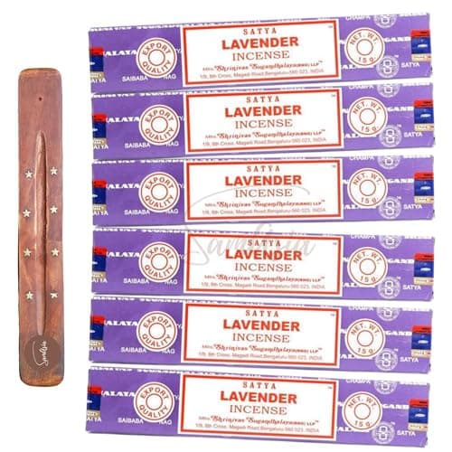 Image of Satya Nag Champa Lavender Incense Sticks | x6 pack | with SAMASIA incense sticks holder | Used for Aromatherapy, Spa, Yoga, Weddings, Meditation, Healing, Positivity and Relaxation