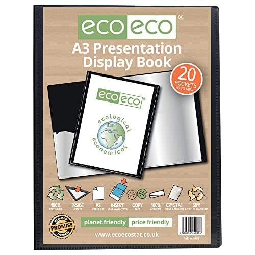 Image of eco-eco A3 Size 50% Recycled 20 Pocket Black Presentation Display Book, Storage Case Portfolio Art Folder with Plastic Sleeves
