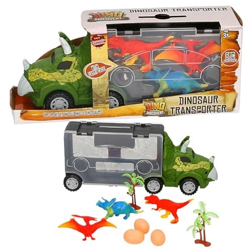 Image of Atoz Dino Discovery Dinosaur Transporter Toy Set, 8 Piece Playset with Carrier Truck, 3 Dinosaur Figures, Eggs and Palm Trees, Ages 3+